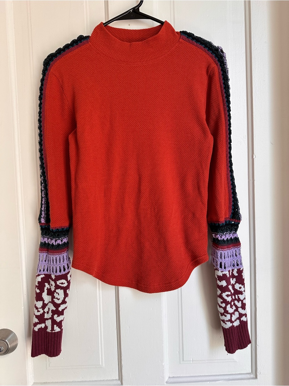 Free People Red Knit Top with Patterned Sleeves
